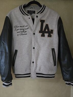Grey Wool & Black Leather Sleeve Varsity Jacket with LA Patch, Youth Size XL, 16